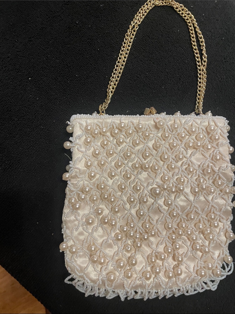 Pearl-Embellished Cream Evening Clutch with Gold Chain